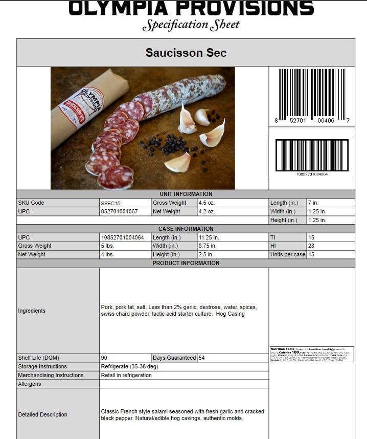 Olympia Provisions Saucisson Sec Salami